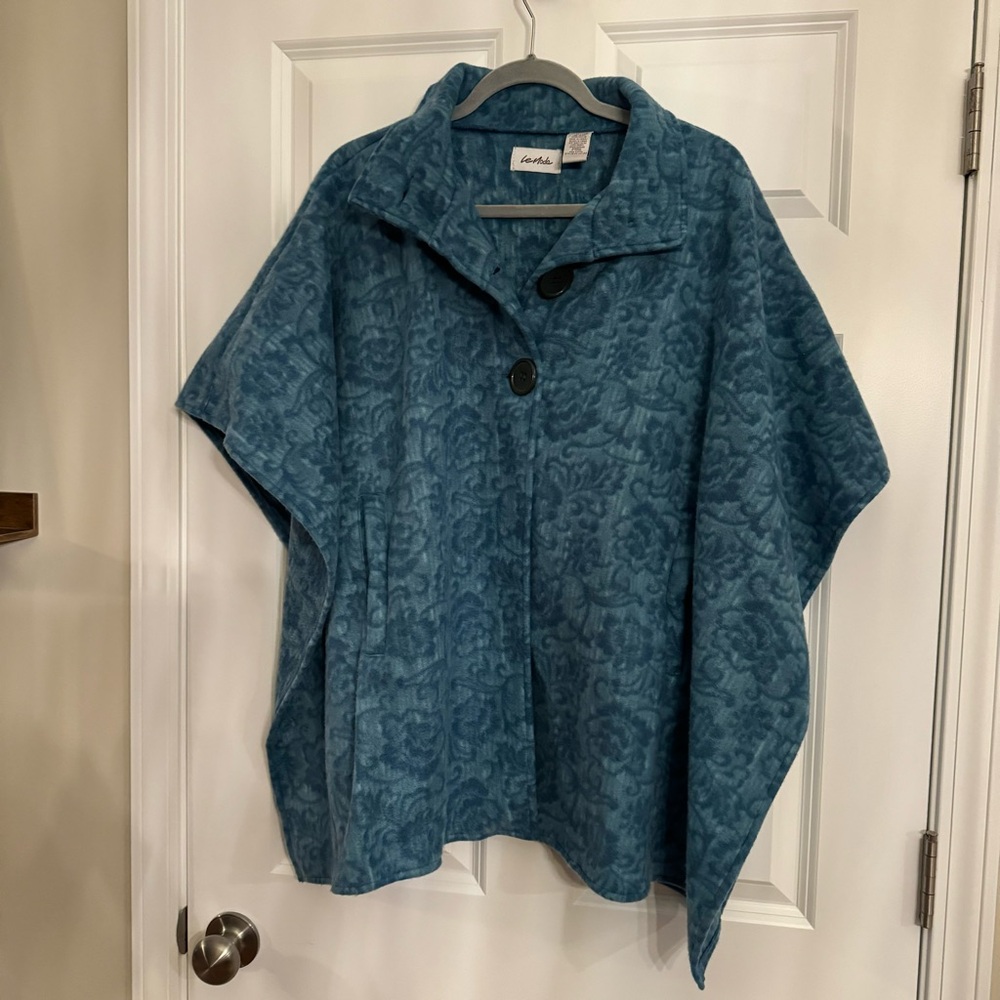 Fleece Poncho Cape Teal Floral Pattern One Size Fits All
